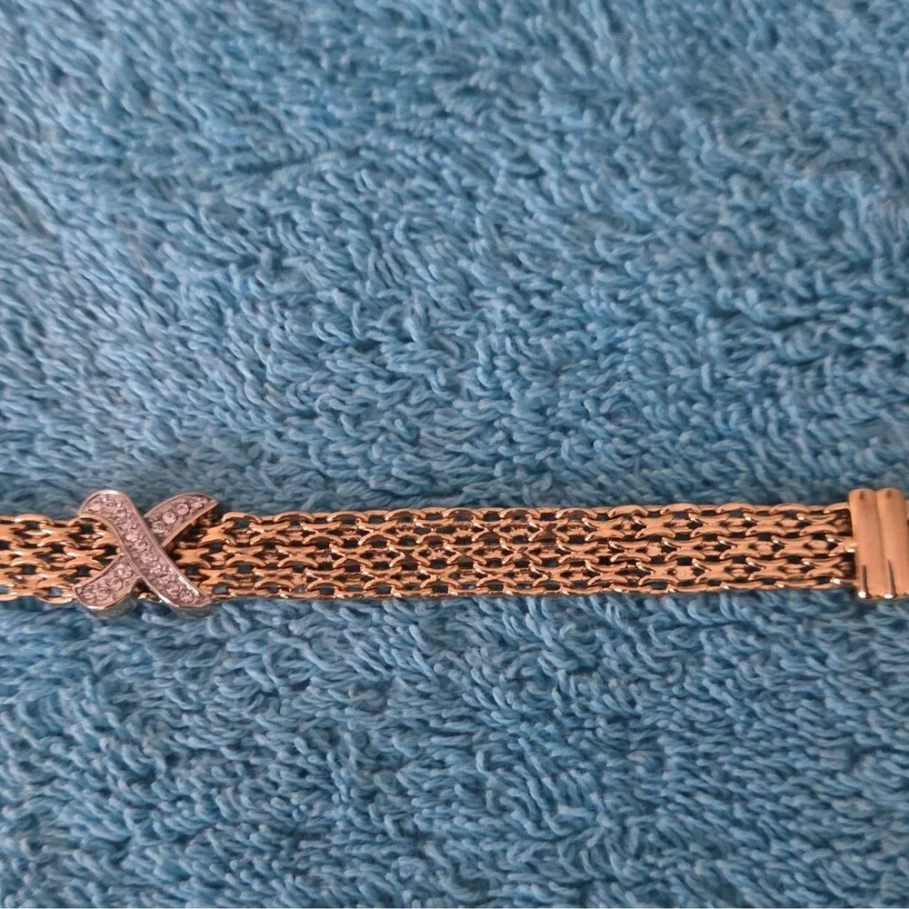 Gold Tone Mesh Chain Bracelet with Clear X Pavé Accent, Fold Over Closure